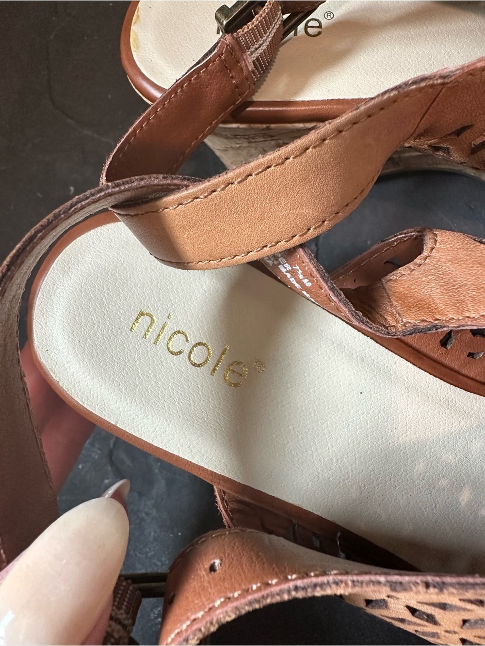 Nicole Party Laser Cut Cork Wedge Sandals Tan Leather Boho Size 7.5 - Picture 5 of 7